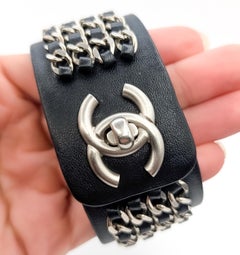 Chanel Black Leather Chain Turnlock Bracelet