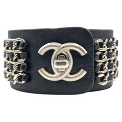 Chanel Black Leather Chain Turnlock Bracelet