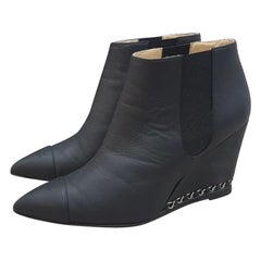 Chanel Black Leather Chain Wedge Ankle Boots Booties