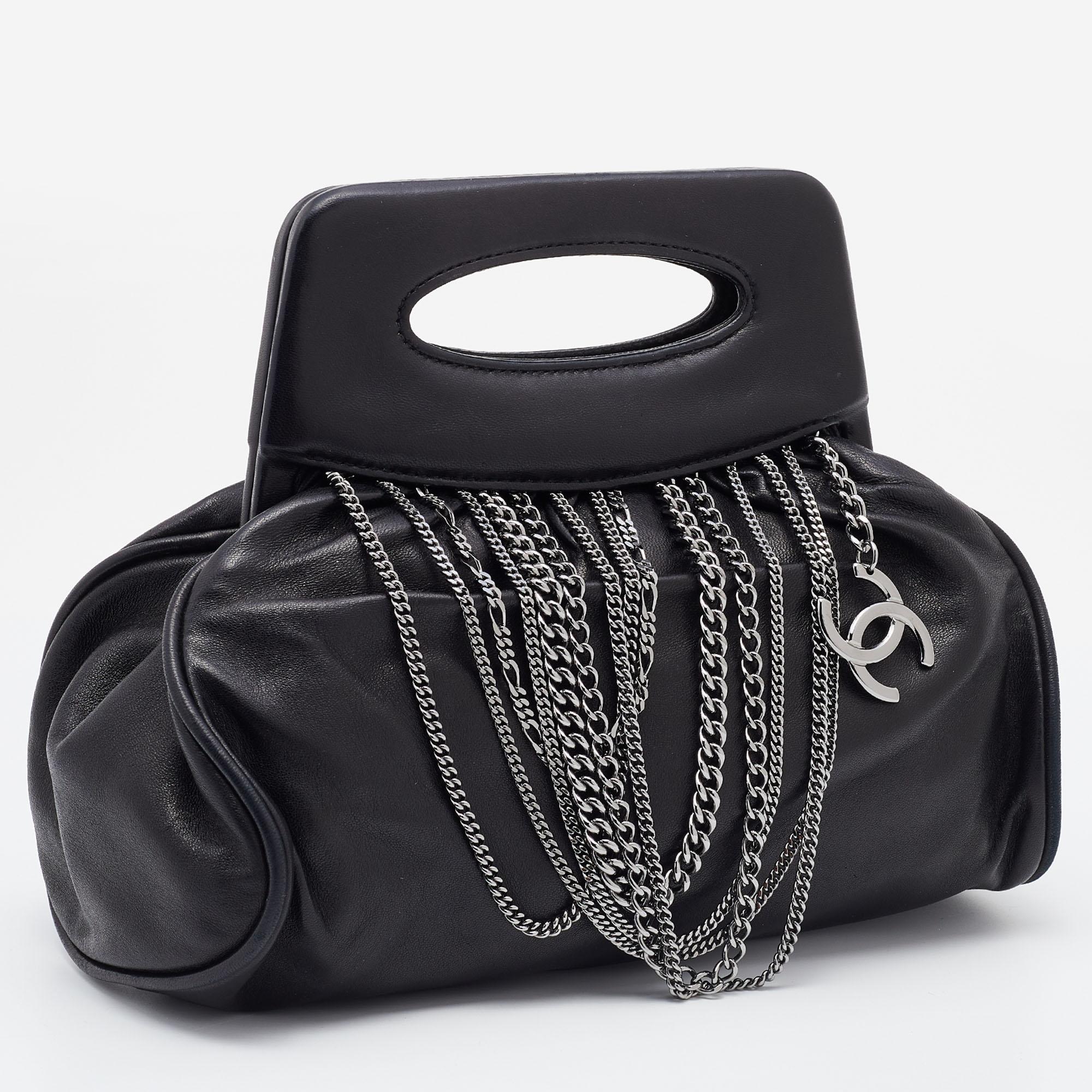 Chanel Black Leather Charm Chain Clutch 1