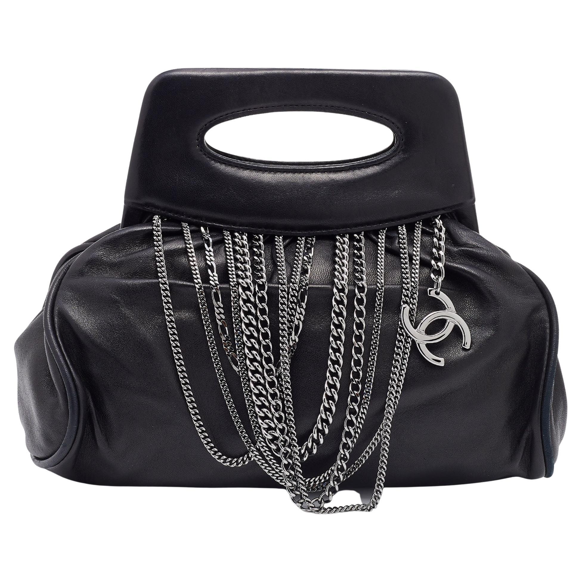Chanel Black Leather Charm Chain Clutch