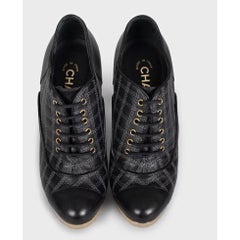 Chanel Black Leather Checkered Embroidery Ankle Boots Sz 37.5