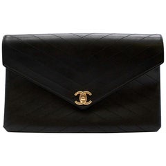 Chanel Black Leather Chevron Stitch CC Envelope Pouch 