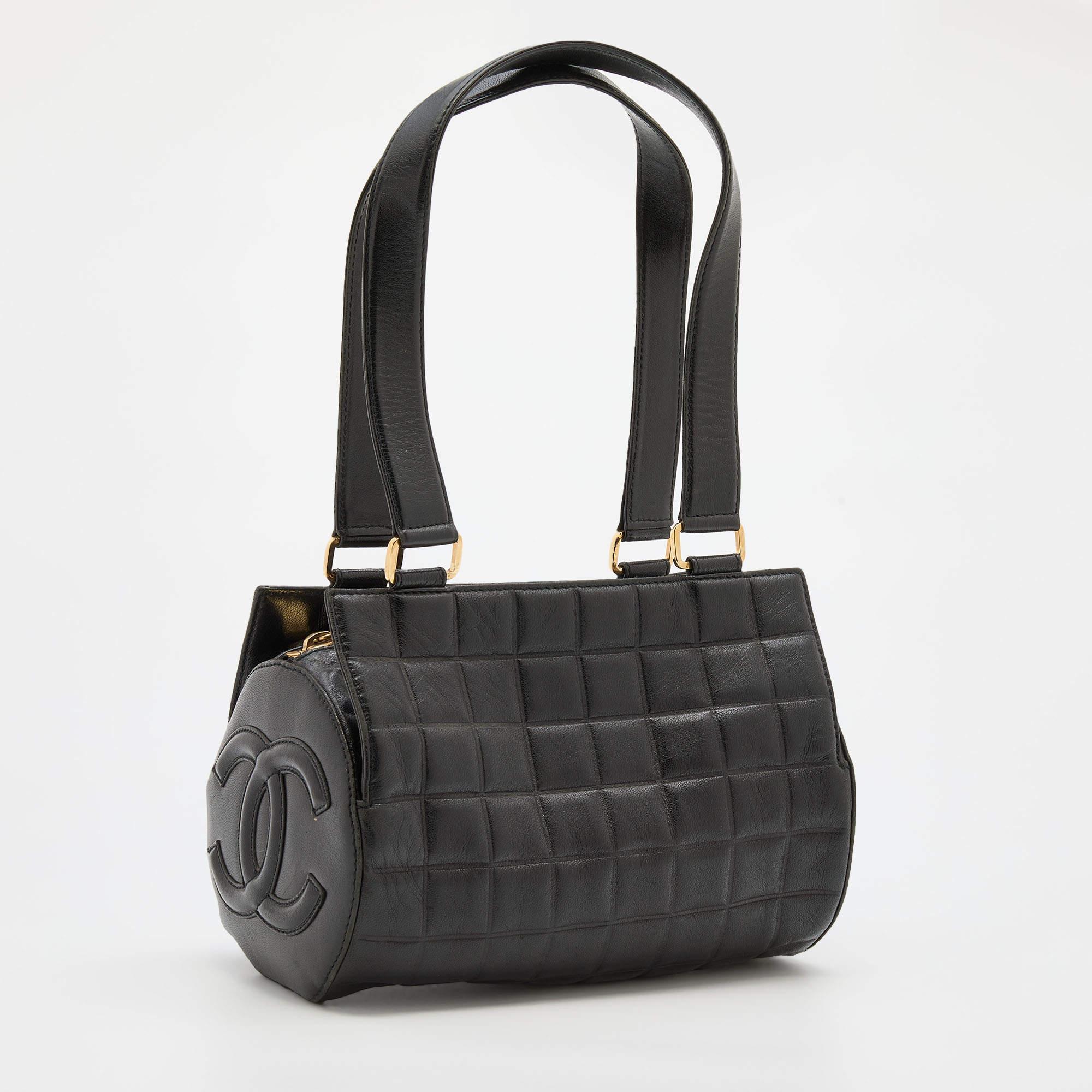 Chanel Black Leather Chocolate Bar Barrel Bag In Fair Condition In Dubai, Al Qouz 2