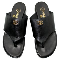 Chanel Black Leather Coco Mark Thong Platform Sandals