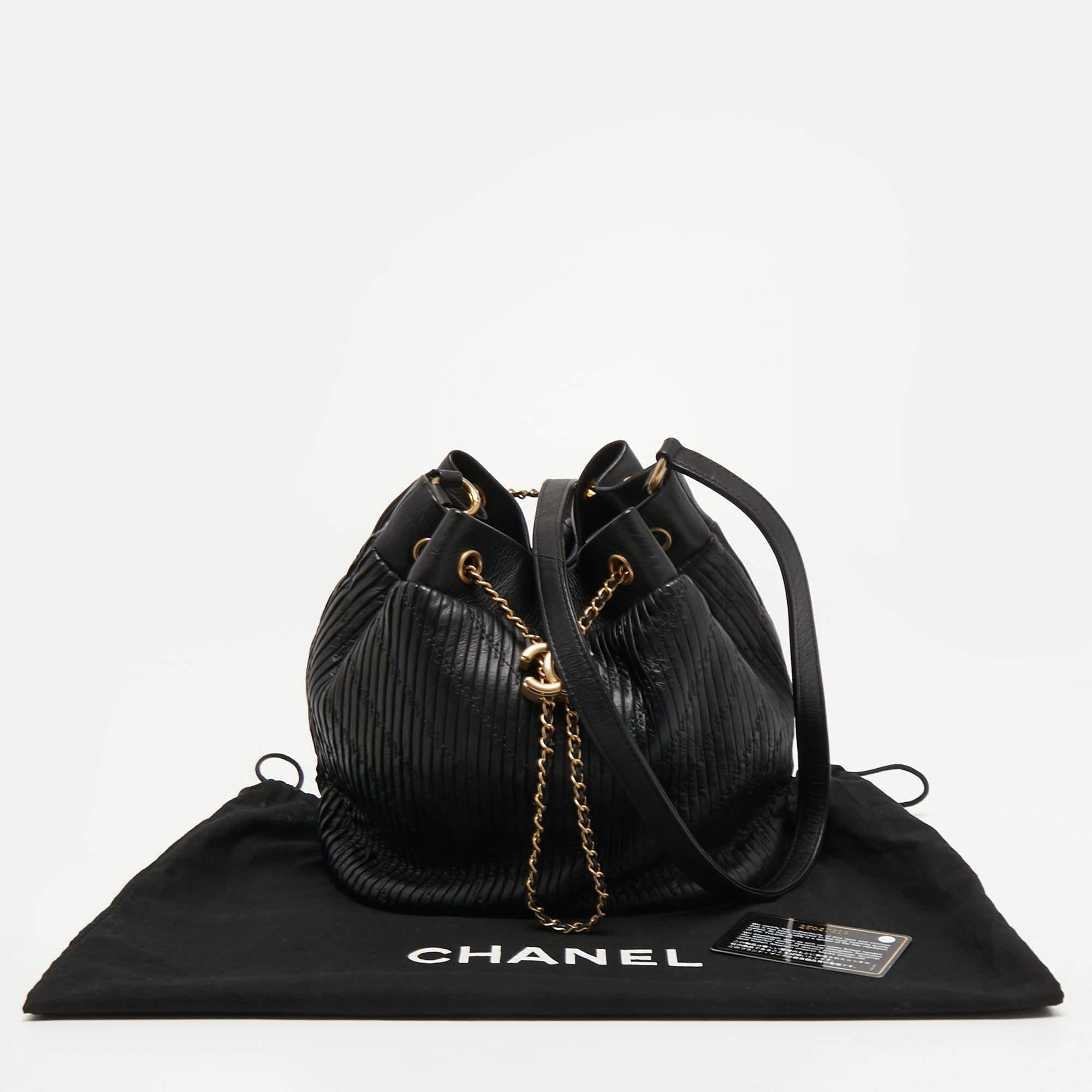 Chanel Black Leather Coco Pleats Drawstring Bag 7