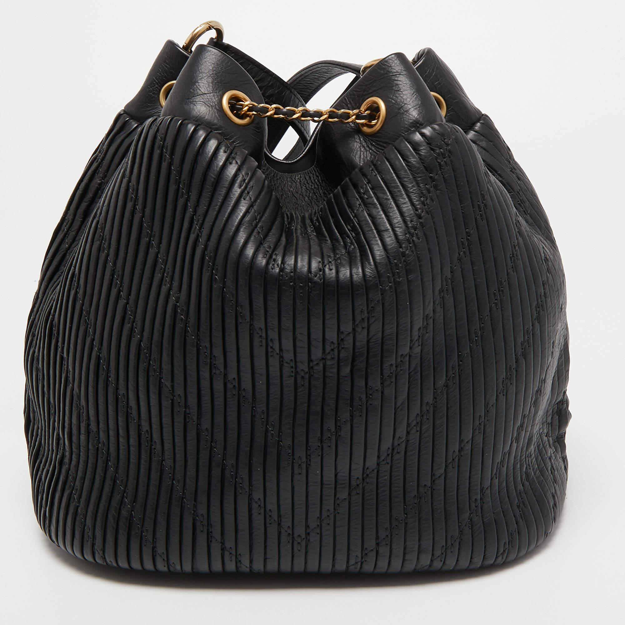 Women's Chanel Black Leather Coco Pleats Drawstring Bag