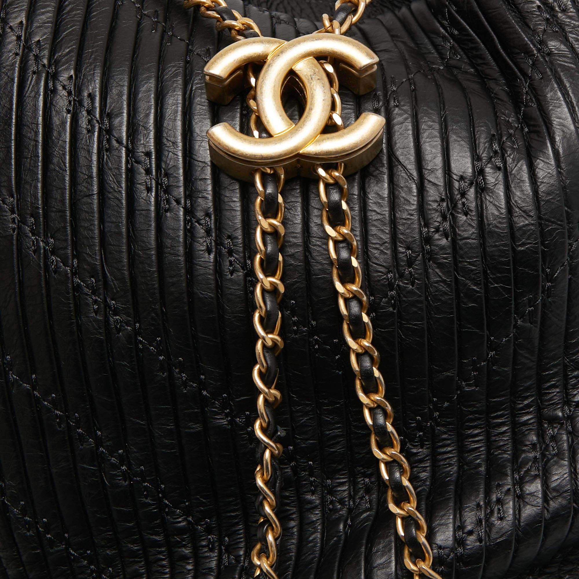 Chanel Black Leather Coco Pleats Drawstring Bag 5