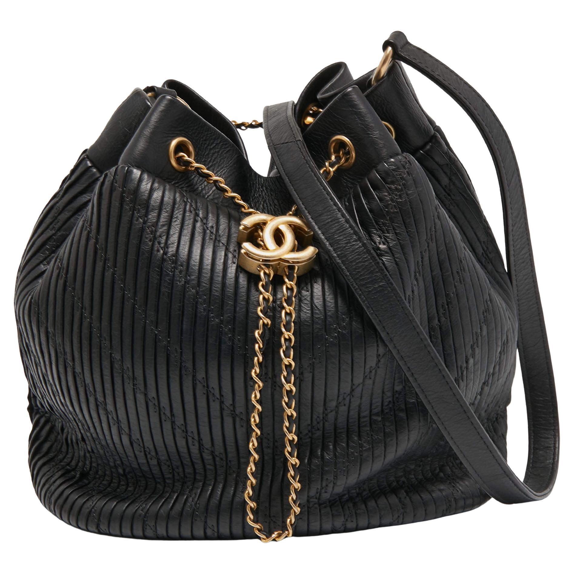 Chanel Black Leather Coco Pleats Drawstring Bag at 1stDibs
