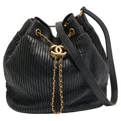 Chanel Black Leather Coco Pleats Drawstring Bag