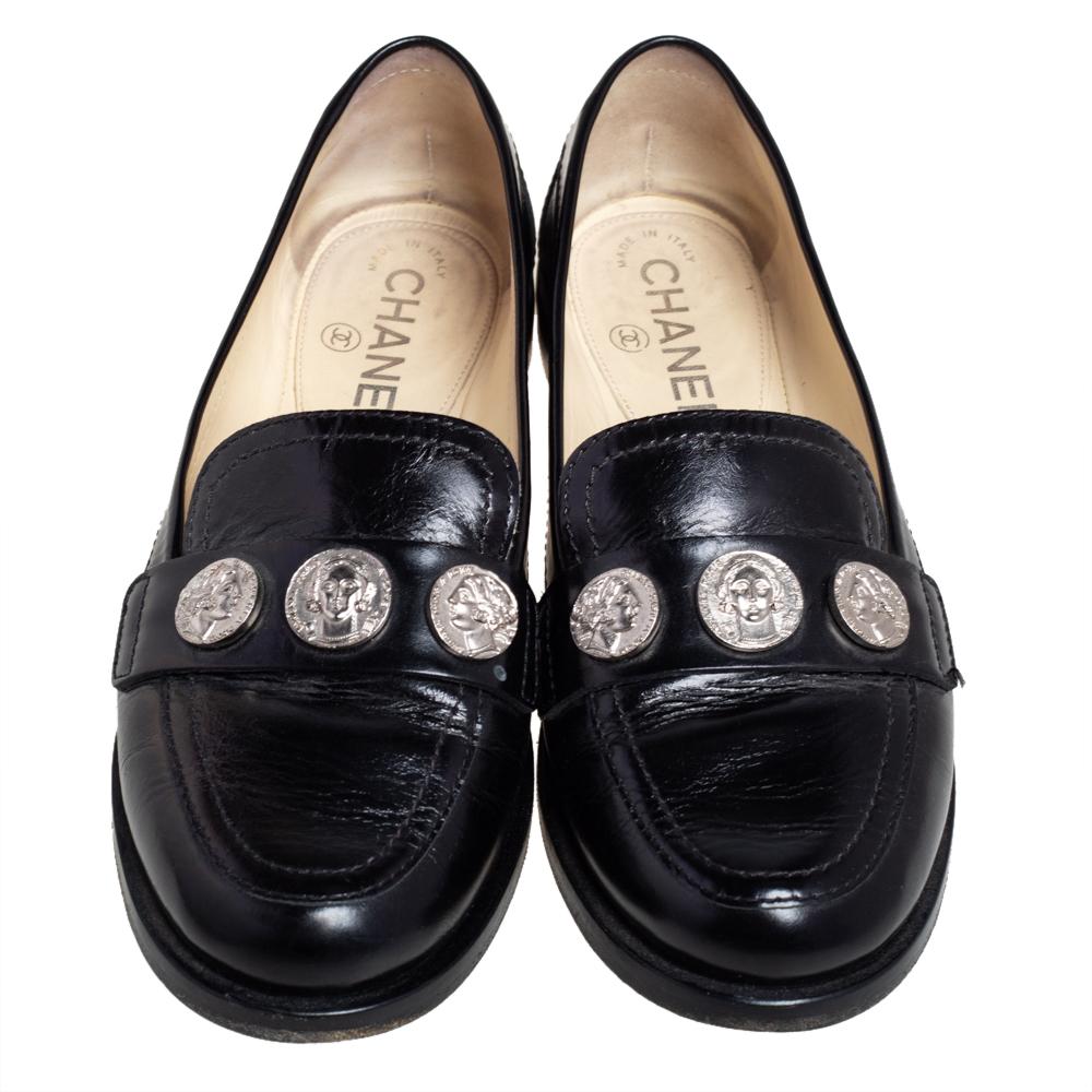 Women's Chanel Black Leather Coin Embellished Slip On Loafers Size 37