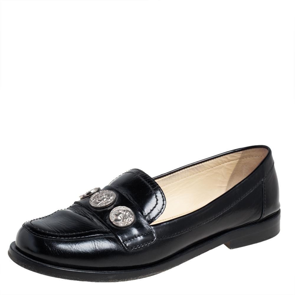 Chanel Black Leather Coin Embellished Slip On Loafers Size 37 3