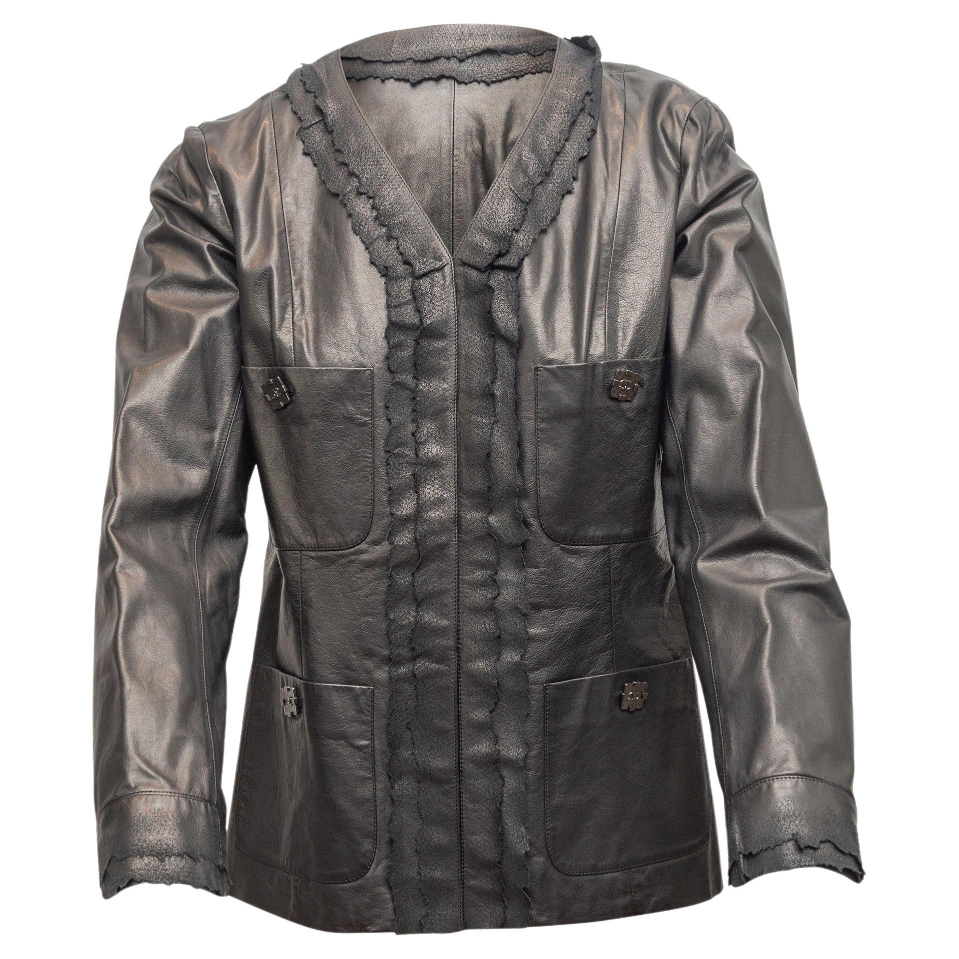 Chanel Black Leather Collarless Jacket
