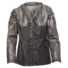 Chanel Black Leather Collarless Jacket For Sale at 1stDibs