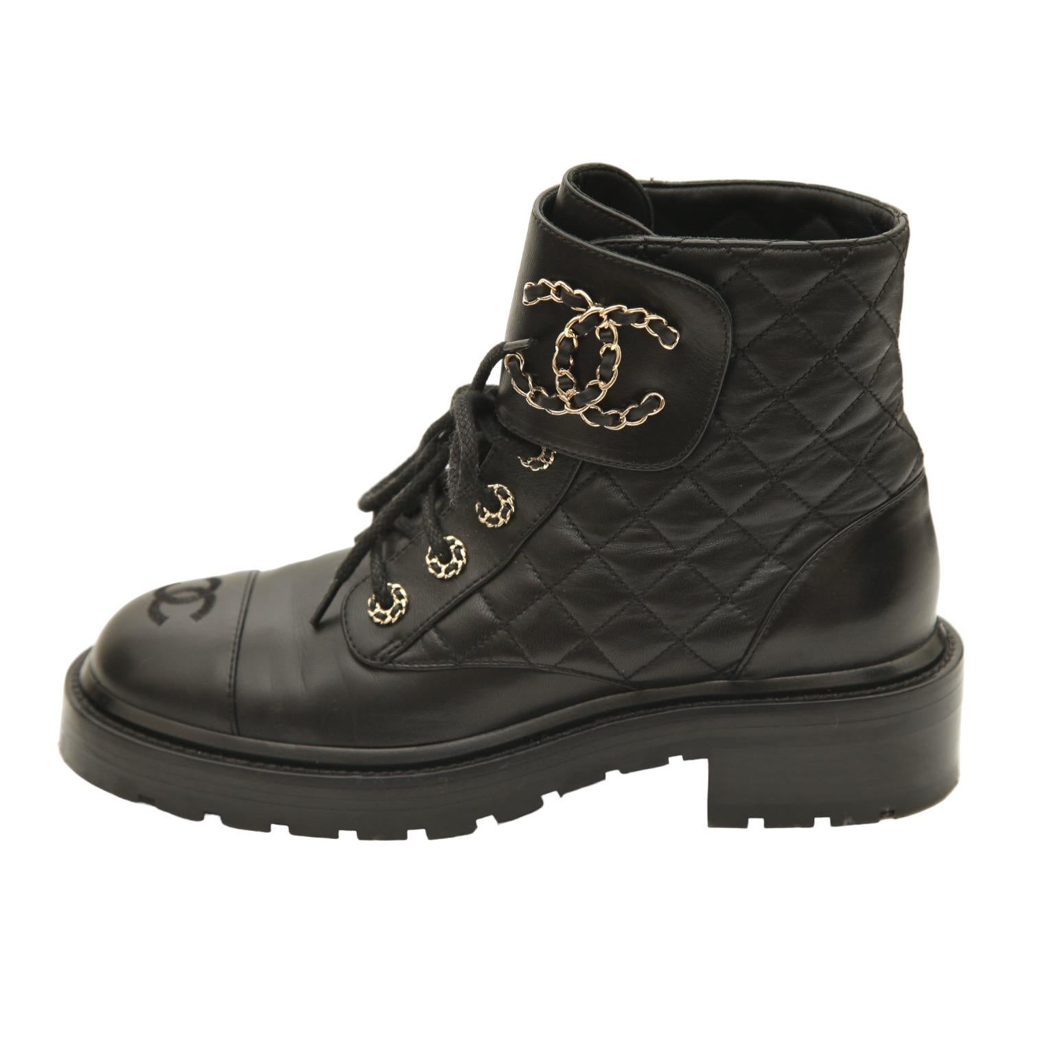 CHANEL Black Leather Combat Boots Lace Up Quilted CC Gold Cap Toe Sz 38 1
