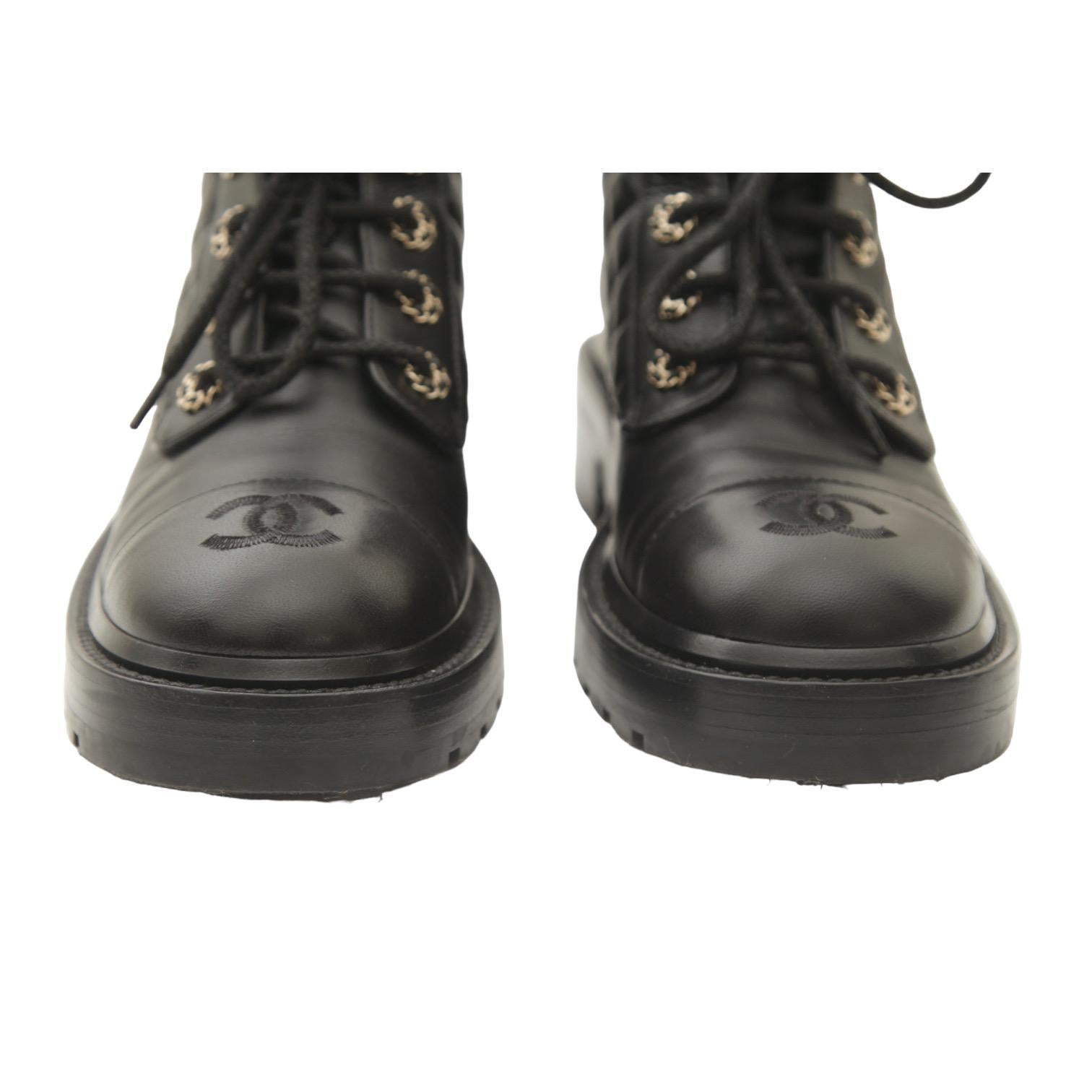 CHANEL Black Leather Combat Boots Lace Up Quilted CC Gold Cap Toe Sz 38 2