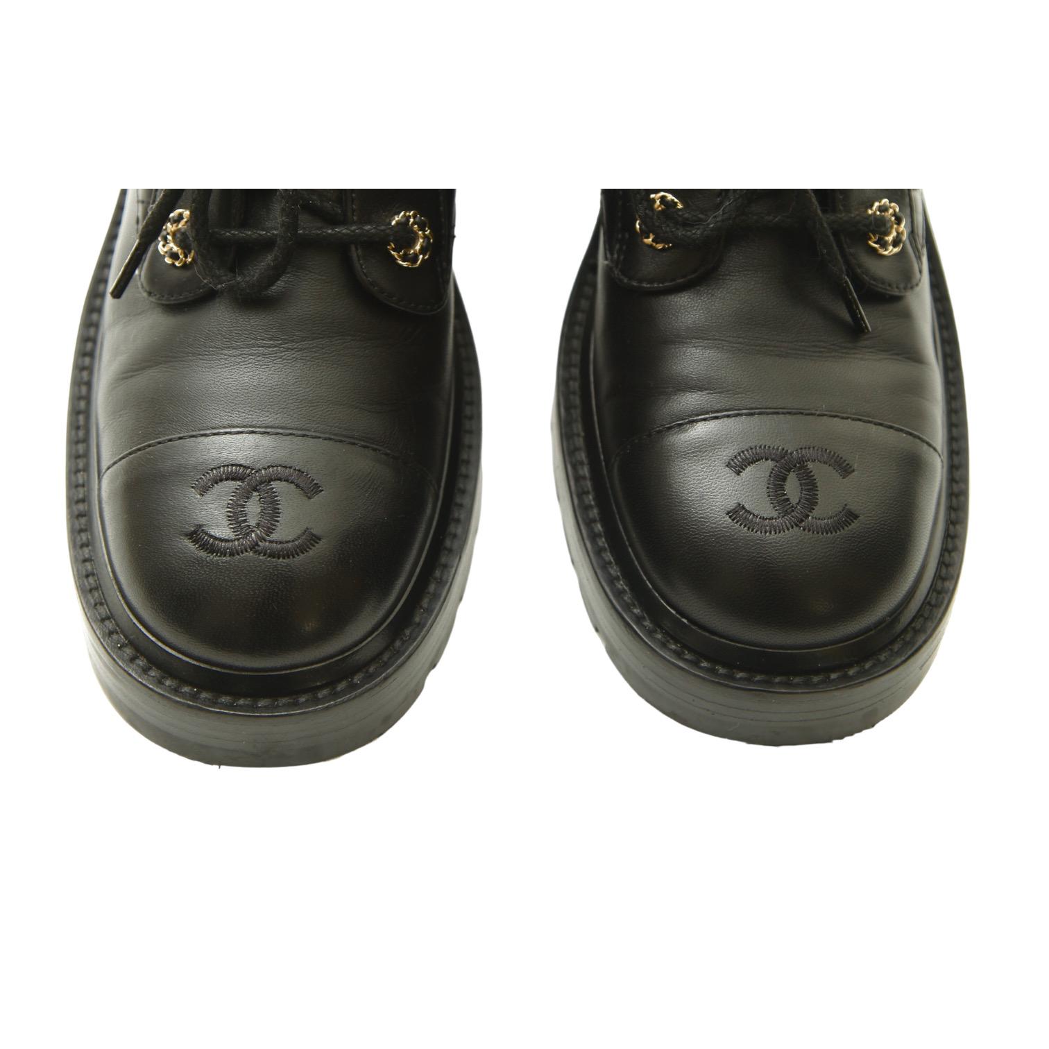 CHANEL Black Leather Combat Boots Lace Up Quilted CC Gold Cap Toe Sz 38 3
