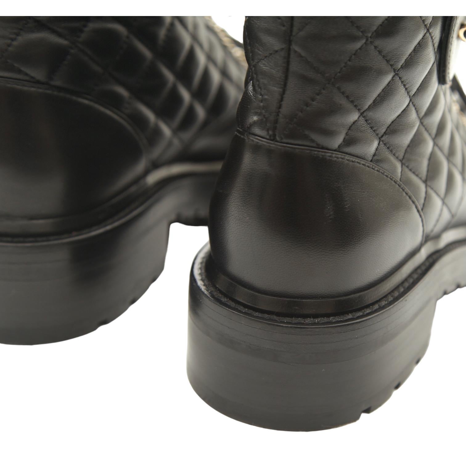 CHANEL Black Leather Combat Boots Lace Up Quilted CC Gold Cap Toe Sz 38 4