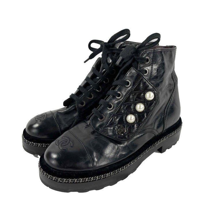 CHANEL Black Leather Combat Boots with Trim and Faux Pearl CC Details SZ  36- 6