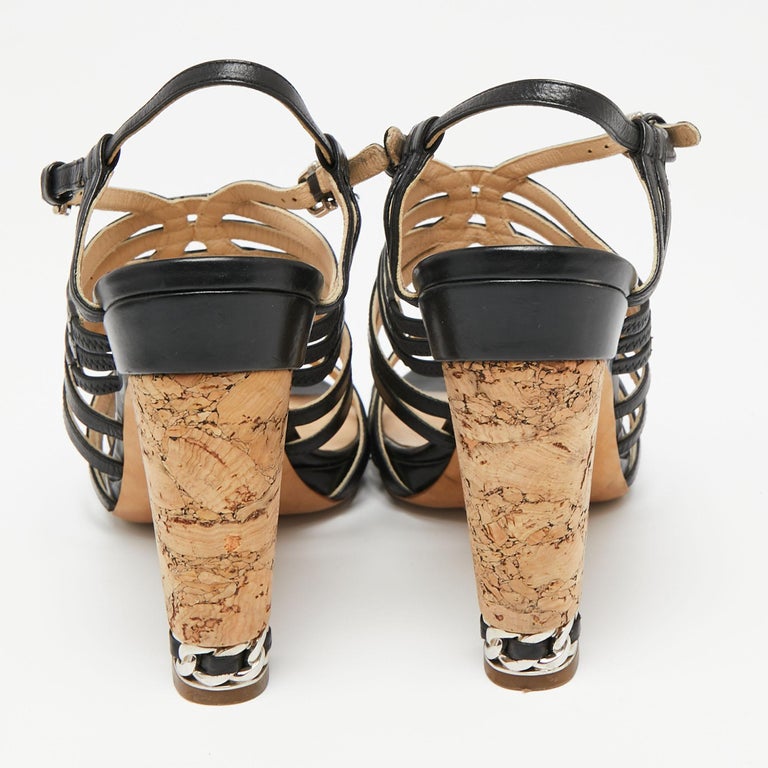 Chanel Black Leather Cork Heel Strappy Sandals Size 40.5 For Sale