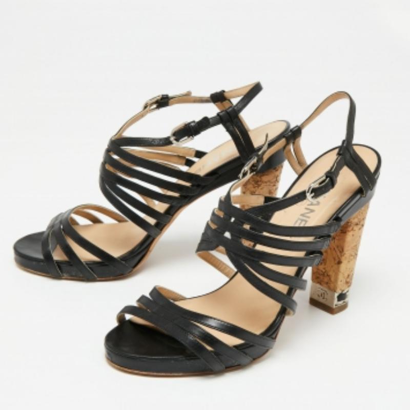 Chanel - Sandales à lanières en cuir noir avec talon en liège, taille 40,5 en vente 2