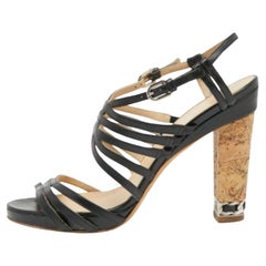 Chanel - Sandales à lanières en cuir noir avec talon en liège, taille 40,5