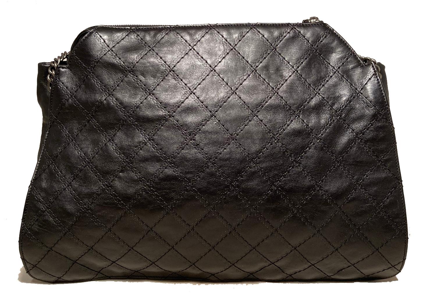 Chanel Black Leather Crave Tote Bag in excellent condition. Black calfskin leather exterior trimmed with ruthenium hardware. Exterior leather features unique embossed pattern along signature diamond quilted pattern. Chain and leather shoulder strap