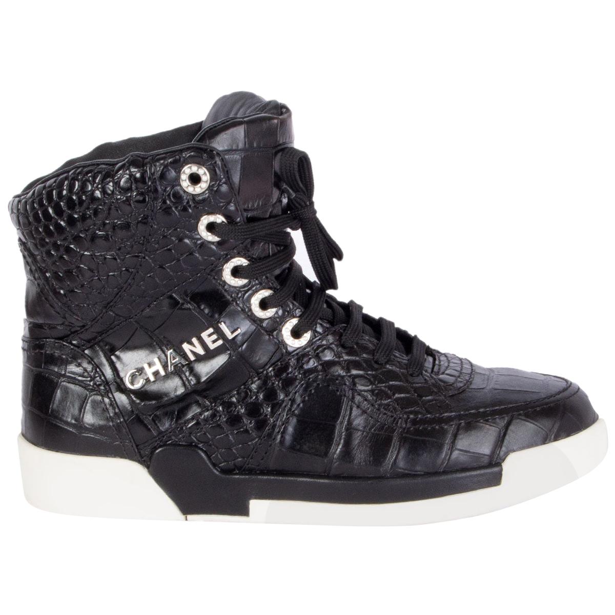 CHANEL black leather CROCODILE EMBOSSED Sneakers Shoes 38