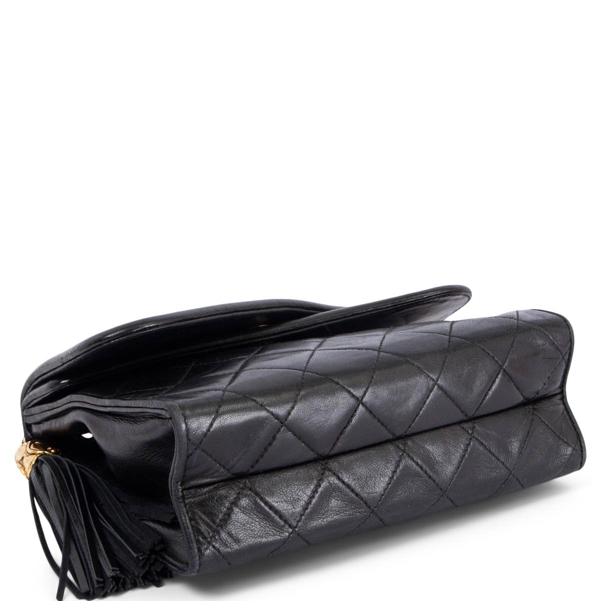 Women's CHANEL black leather CROSSOVER FLAP & TASSEL Shoulder Bag 1989-1991