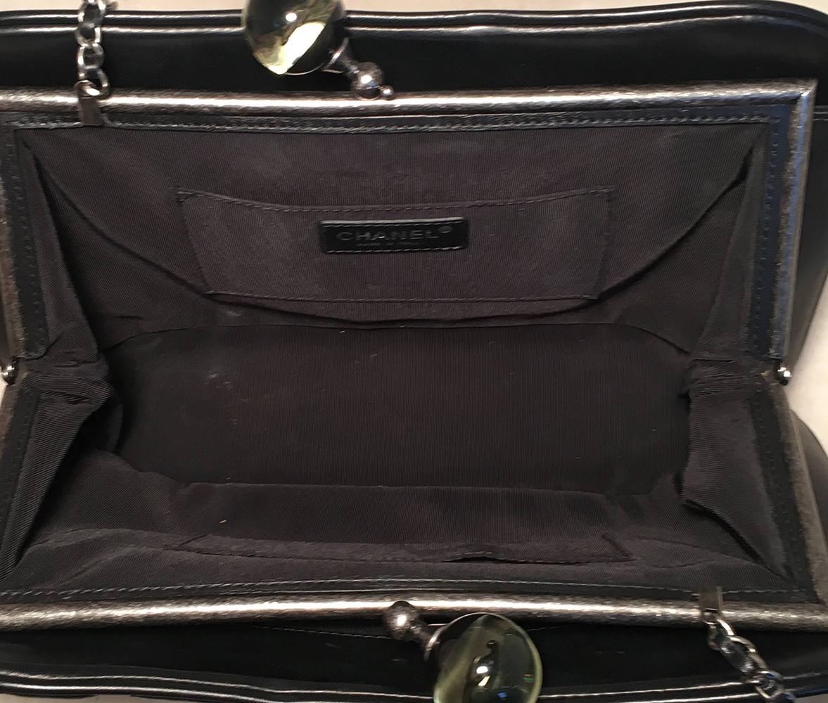 Chanel Black Leather Crystal Ball Kiss lock Clutch In Excellent Condition In Philadelphia, PA