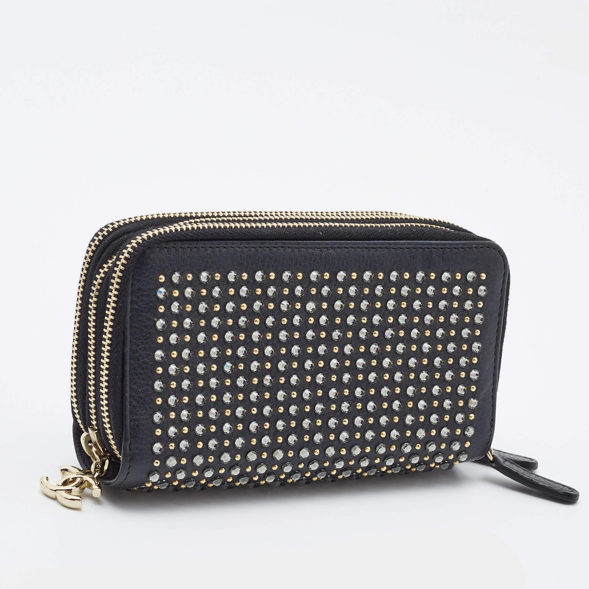 Chanel Black Leather Crystal Studded Bull Phone Holder In New Condition In Dubai, Al Qouz 2
