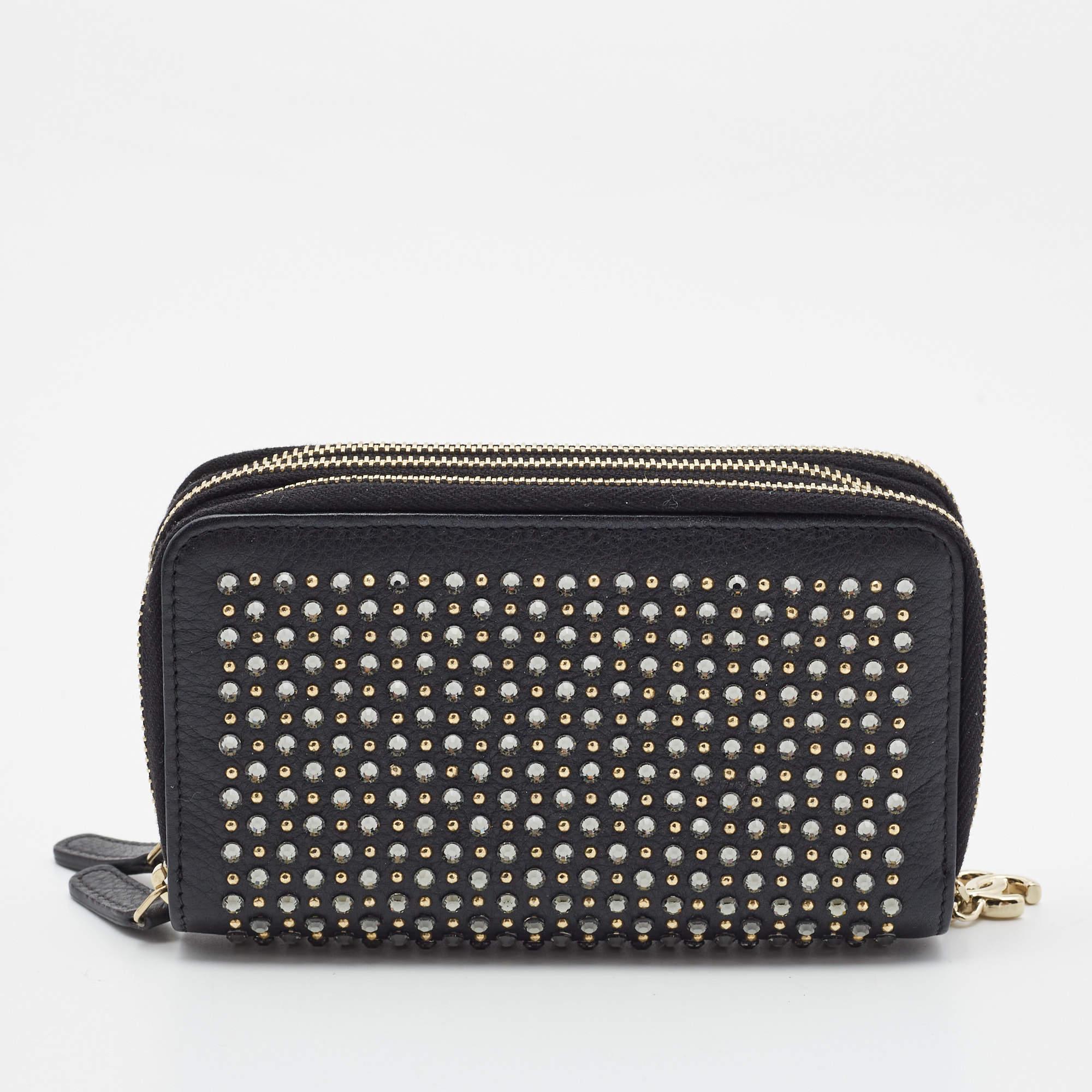 Women's Chanel Black Leather Crystal Studded Bull Phone Holder