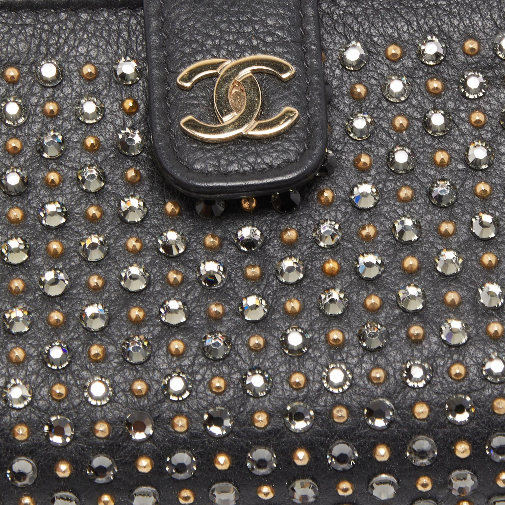 Chanel Black Leather Crystals Embellished O-Phone Holder Chain Pouch 6