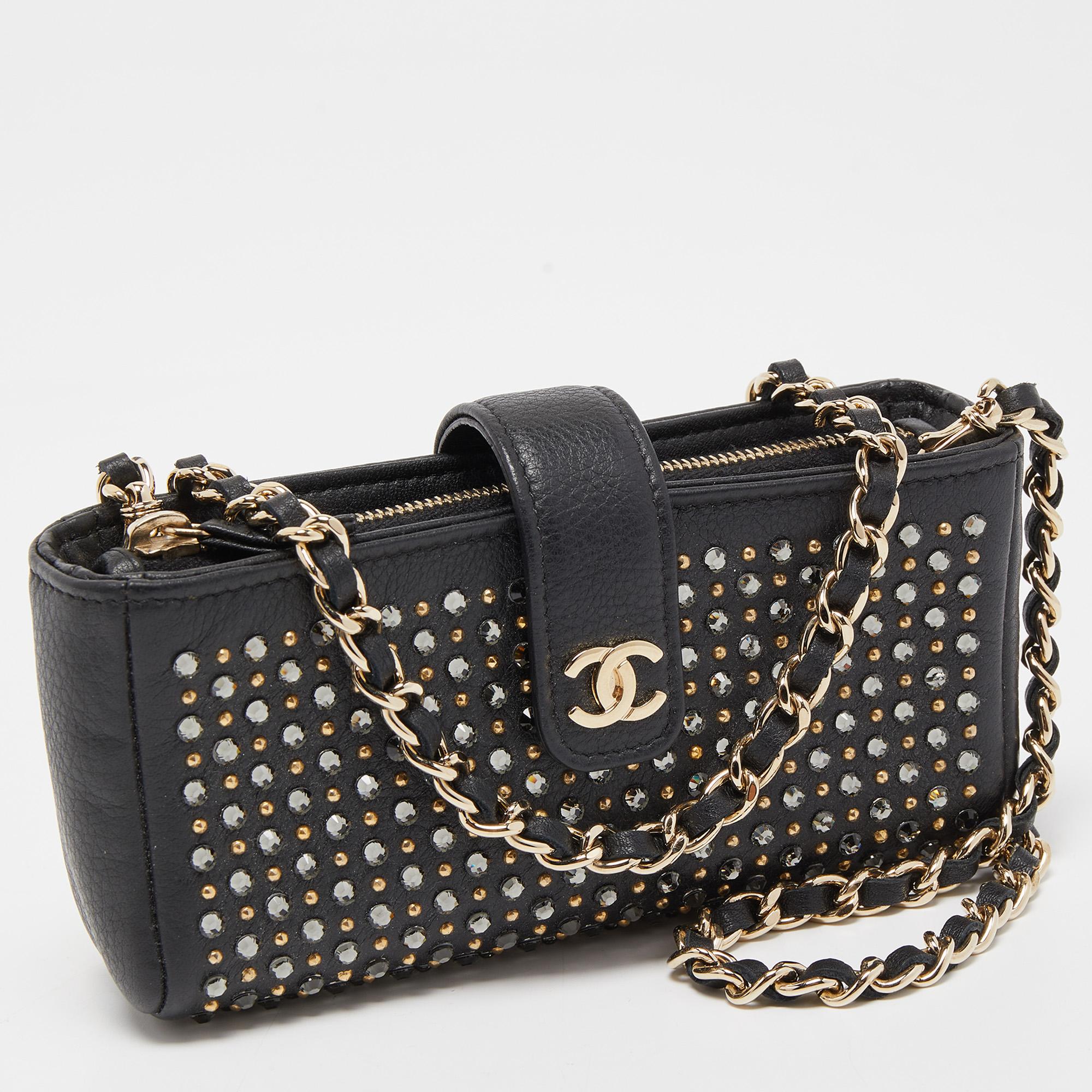 Chanel Black Leather Crystals Embellished O-Phone Holder Chain Pouch 7