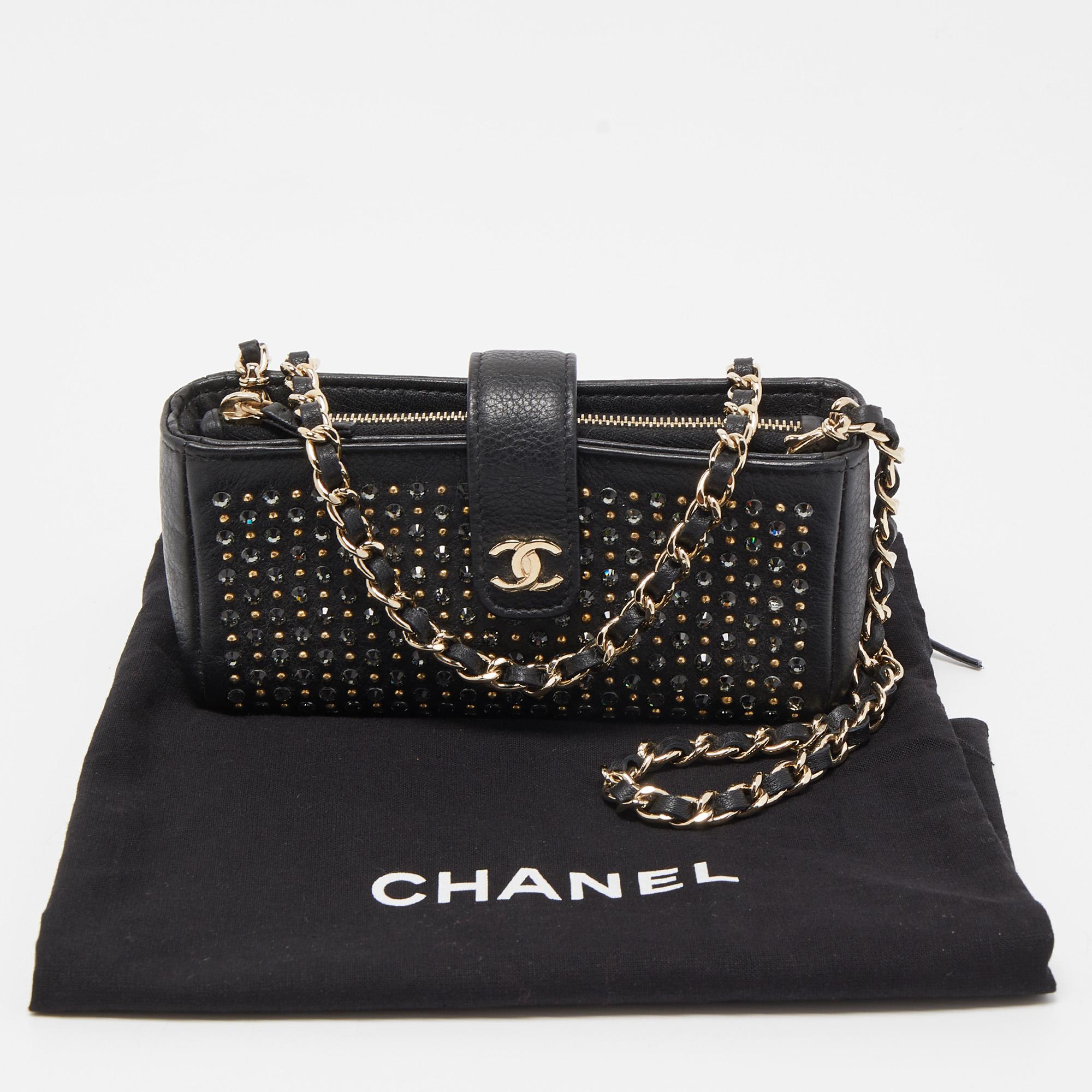 Chanel Black Leather Crystals Embellished O-Phone Holder Chain Pouch 8