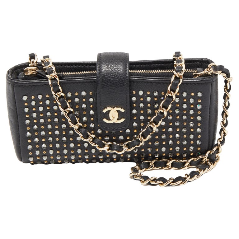 Chanel Black Leather Crystals Embellished O-Phone Holder Chain Pouch at  1stDibs
