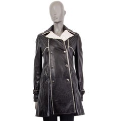 CHANEL black leather Double Breasted SHEARLING Peacoat Coat Jacket 38 S