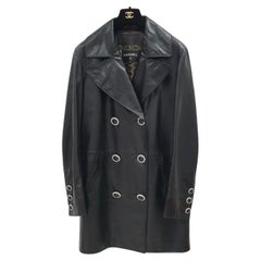 Chanel Black Leather Double Breasted Trench Coat 