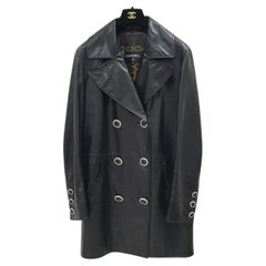 Chanel Black Leather Double Breasted Trench Coat