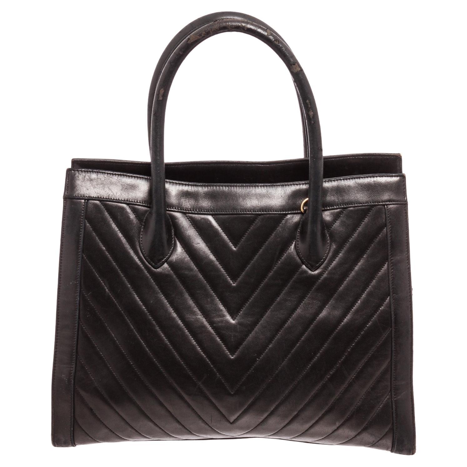 Chanel Black Leather Double Handle Tote Bag For Sale