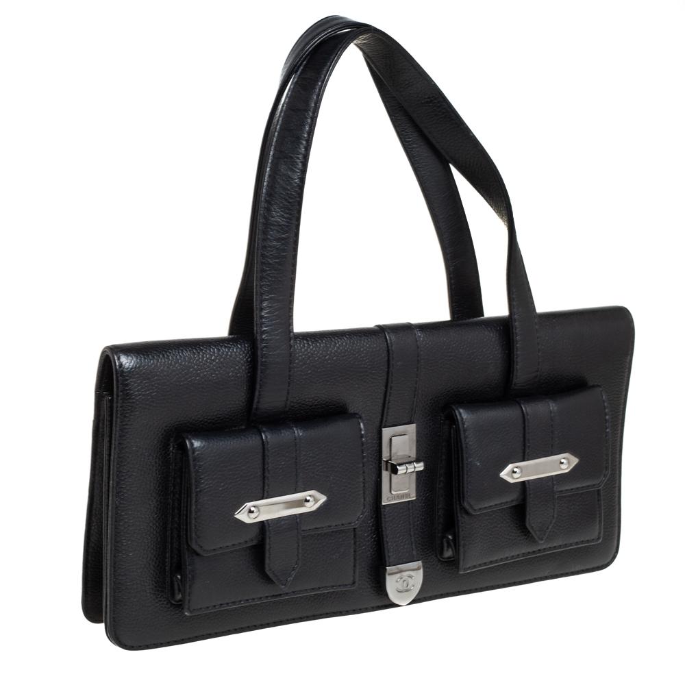 Chanel Black Leather Double Pocket Satchel In Good Condition In Dubai, Al Qouz 2