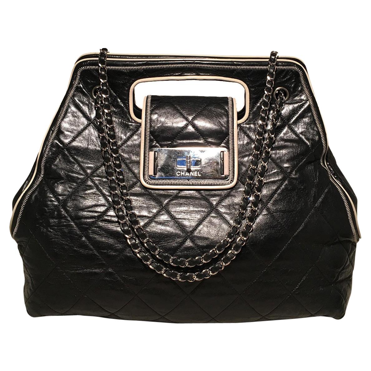 Chanel Black Leather East West Mademoiselle Cut Out Handle Tote 