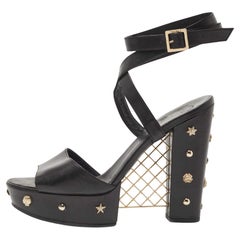 Chanel Black Leather Embellished CC Block Heel Ankle Strap Sandals Size 40.5