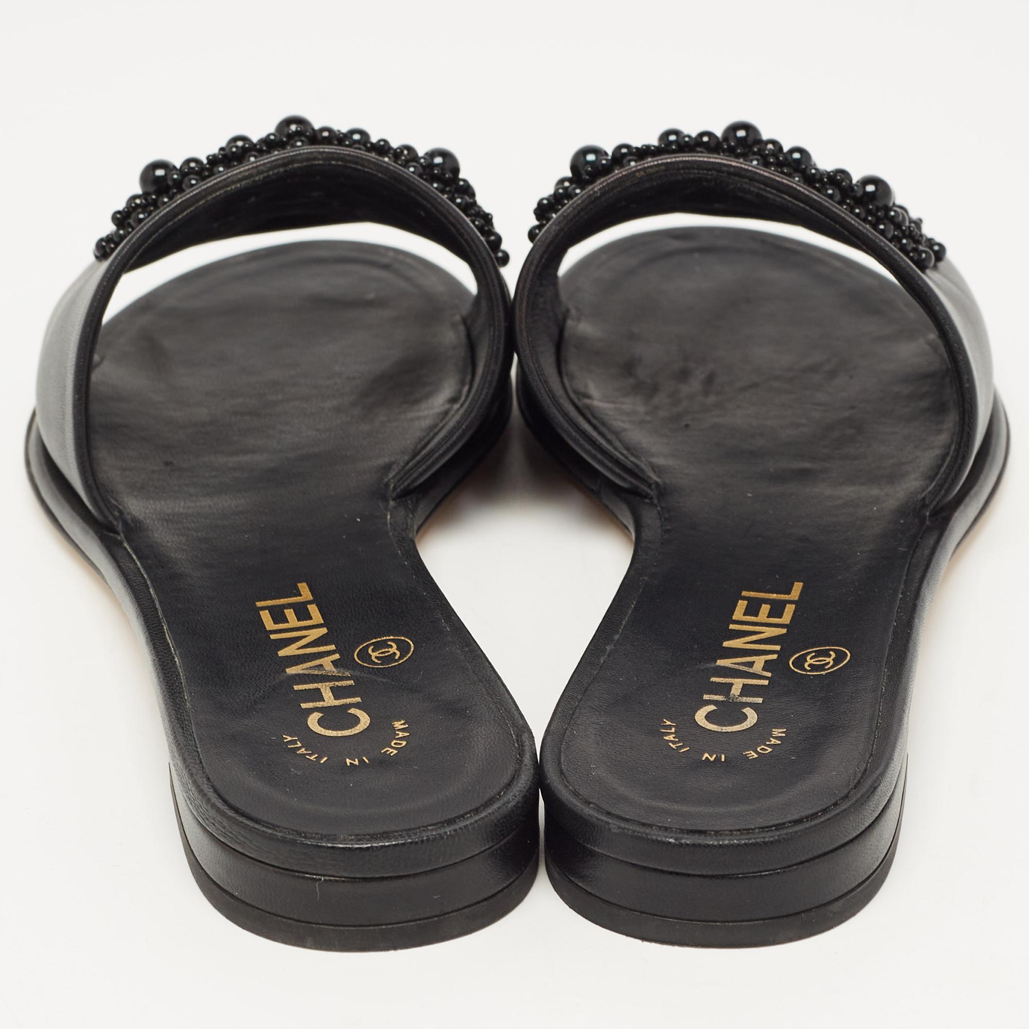 Chanel Black Leather Embellished CC Flat Slides Size 36 3