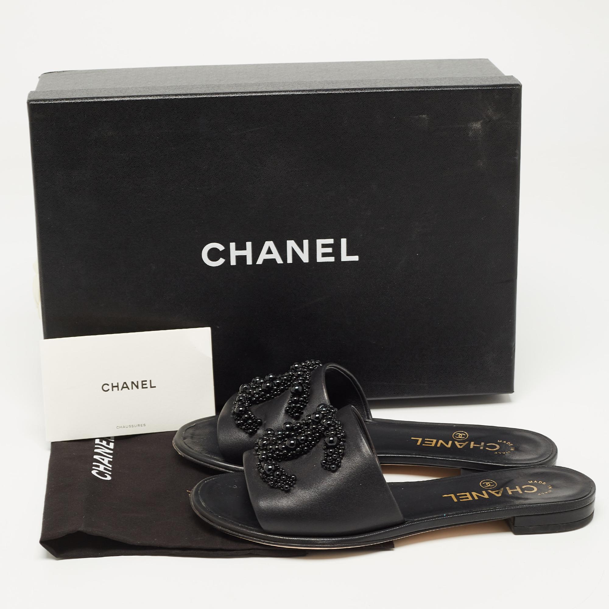Chanel Black Leather Embellished CC Flat Slides Size 36 5
