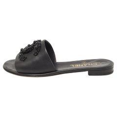 Chanel Black Leather Embellished CC Flat Slides Size 36