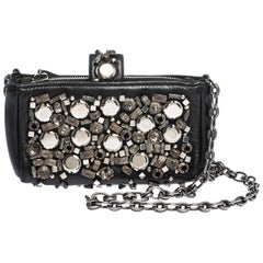 Chanel Black Leather Embellished Phone Holder Chain Clutch