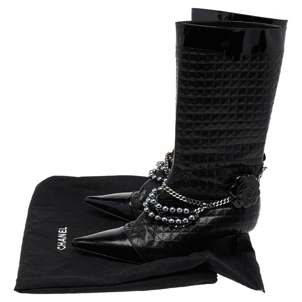 Chanel Black Leather Embellished Pointed Toe Mid Calf Boots Size