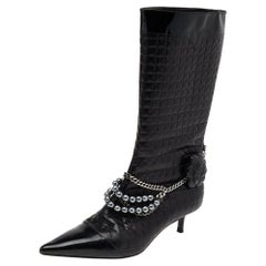 Chanel Black Leather Embellished Pointed Toe Mid Calf Boots Size 37.5