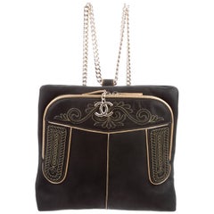 Chanel Black Leather Embroidered Logo Chain Shoulder Backpack Bag Chanel Black Leather Embroidered Logo Chain Shoulder Backpack Bag